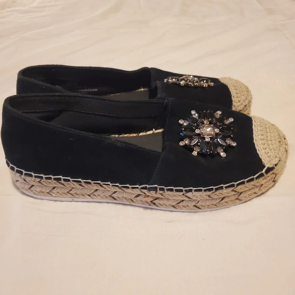 Karl Lagerfeld Paris Anja Black Suede Crystal Embellished Espadrille Flats 7M